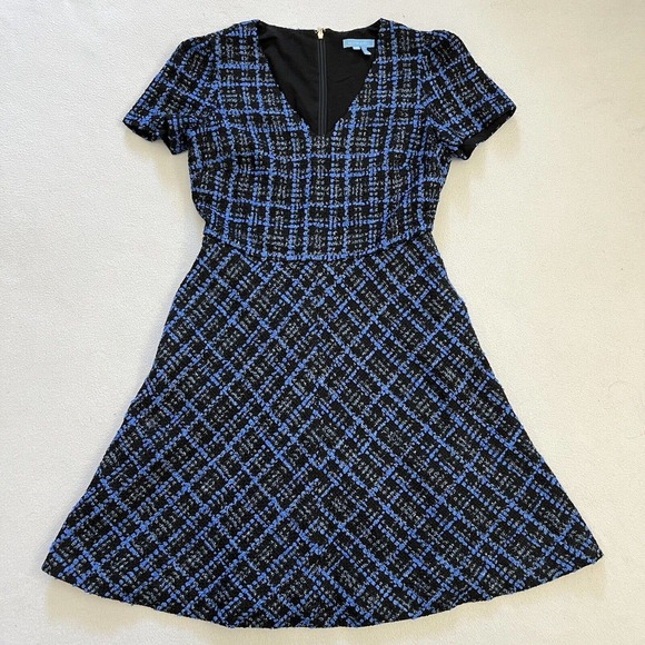Draper James Dresses & Skirts - Draper James Blue Black Plaid Tweed A-Line Short Sleeve Lined V-Neck Dress 4